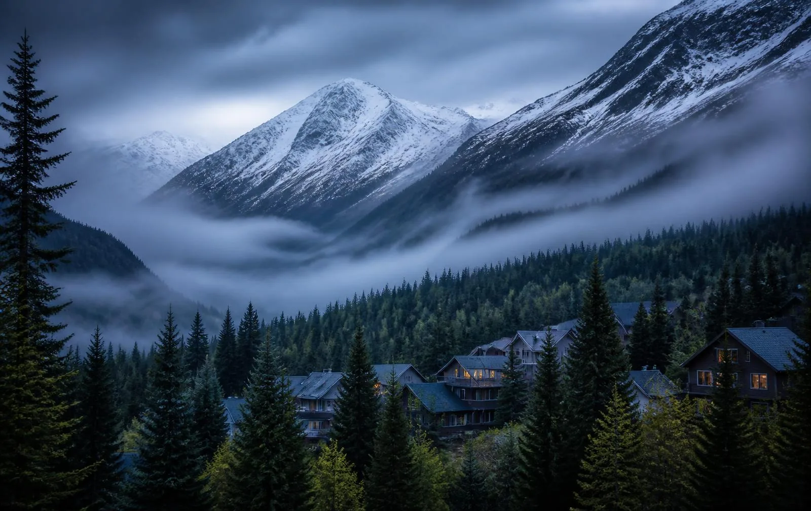 Girdwood valley homes below snow covered Chugach peaks