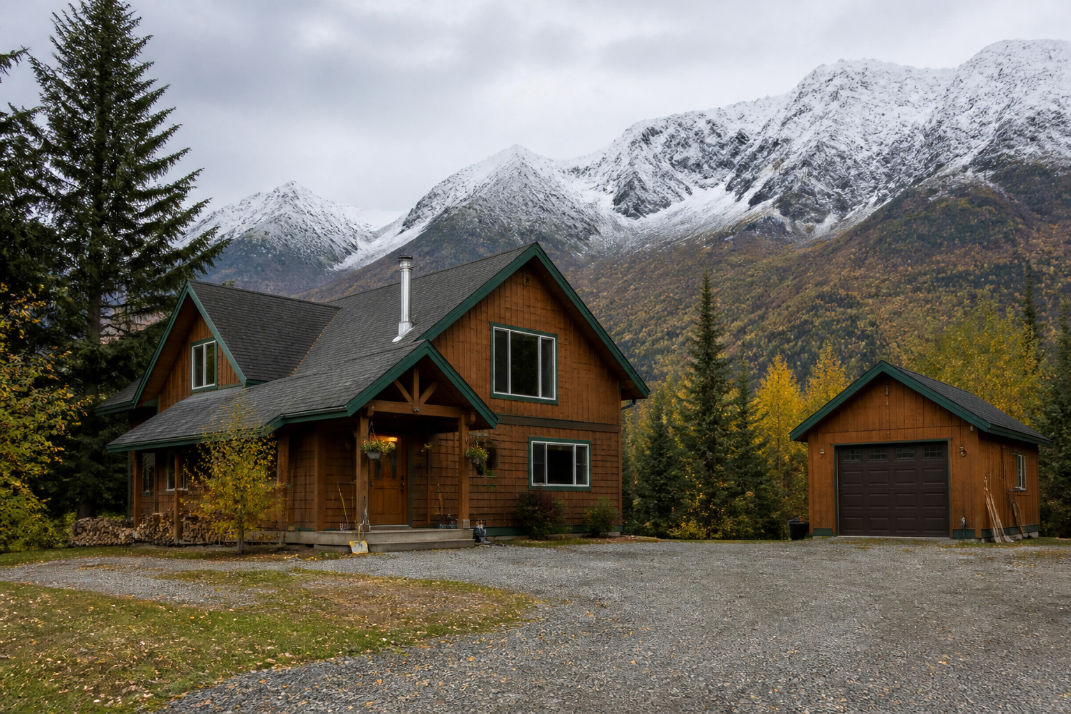 Timber Alaskan home below the snow covered Chugach Mountains
