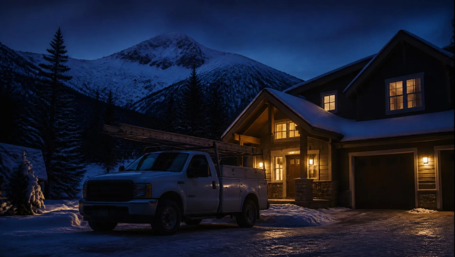 Snow covered Alaskan home at dusk with warm lit windows