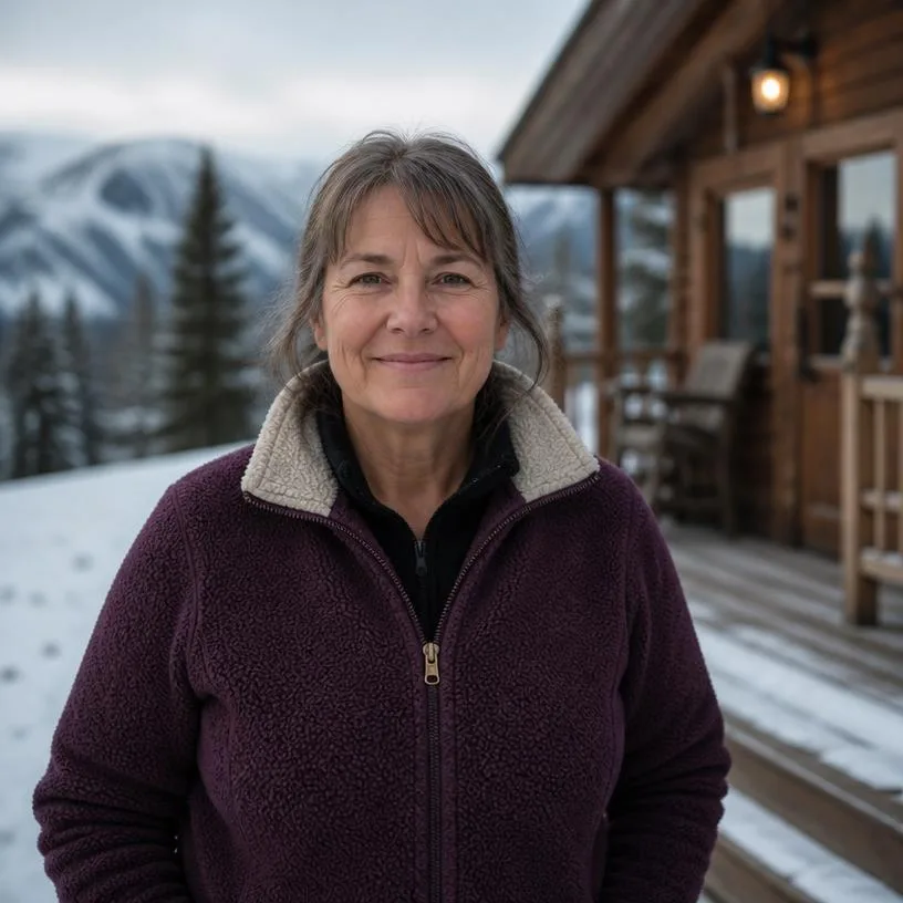 Portrait of an Alaskan homeowner outside a timber home
