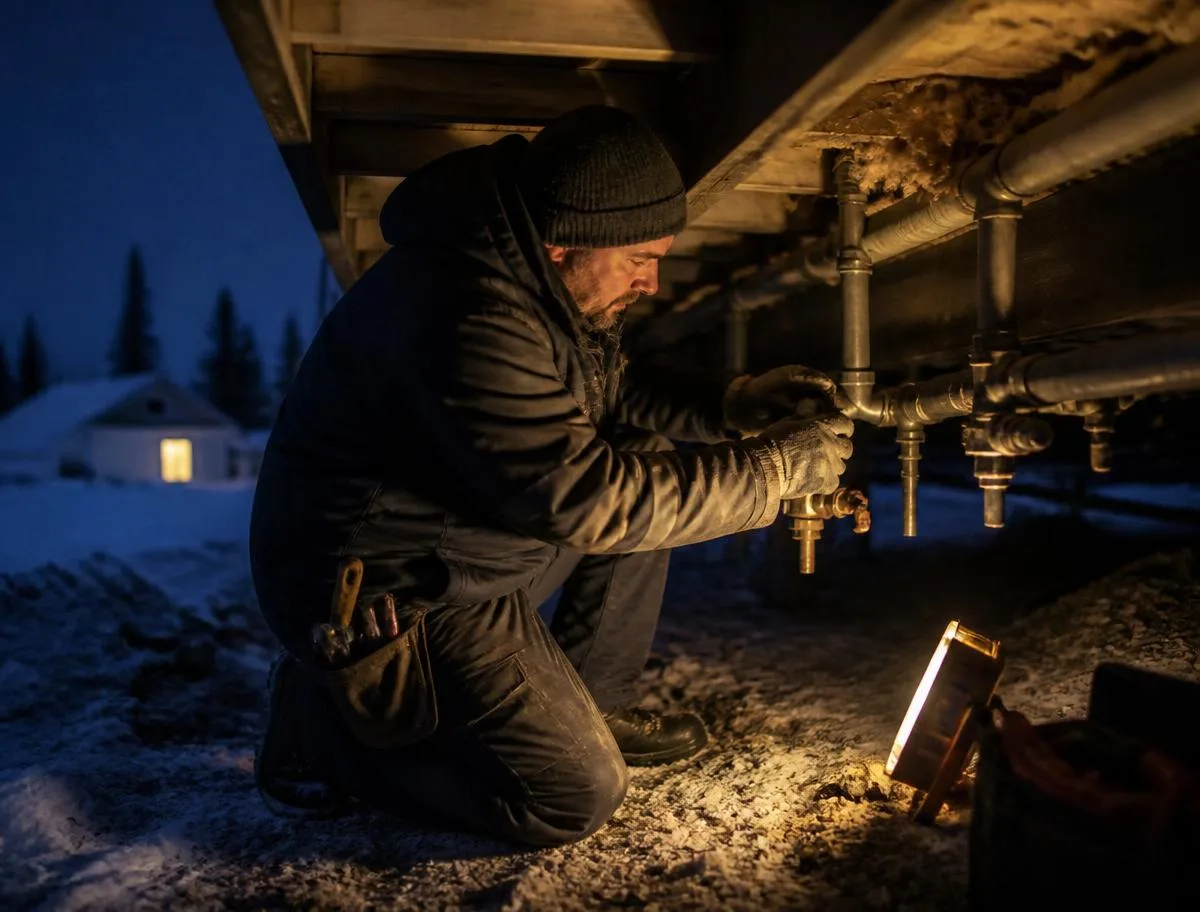 After hours emergency repair work lit by work lights in Alaska