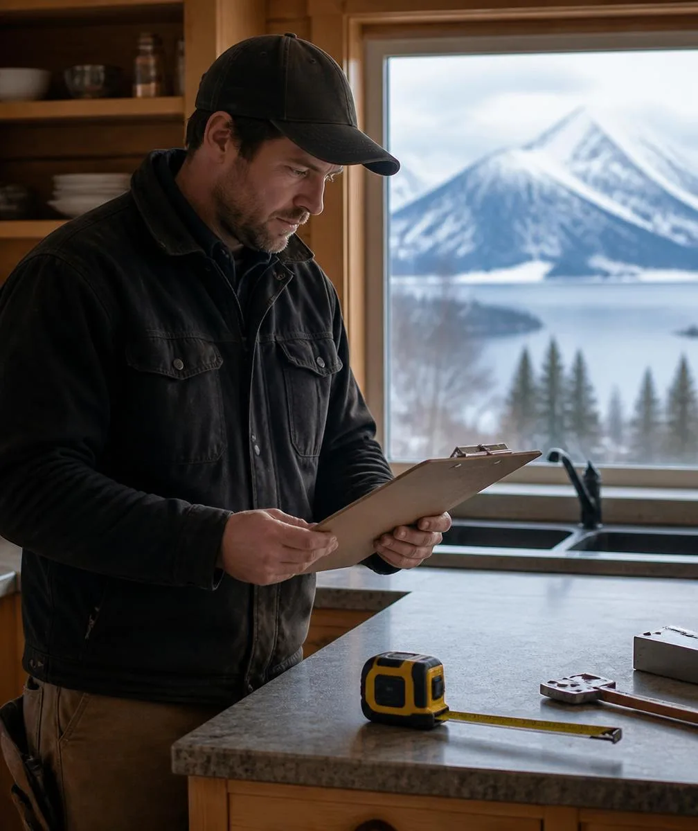 Handyman reviewing job notes on a clipboard in a truck