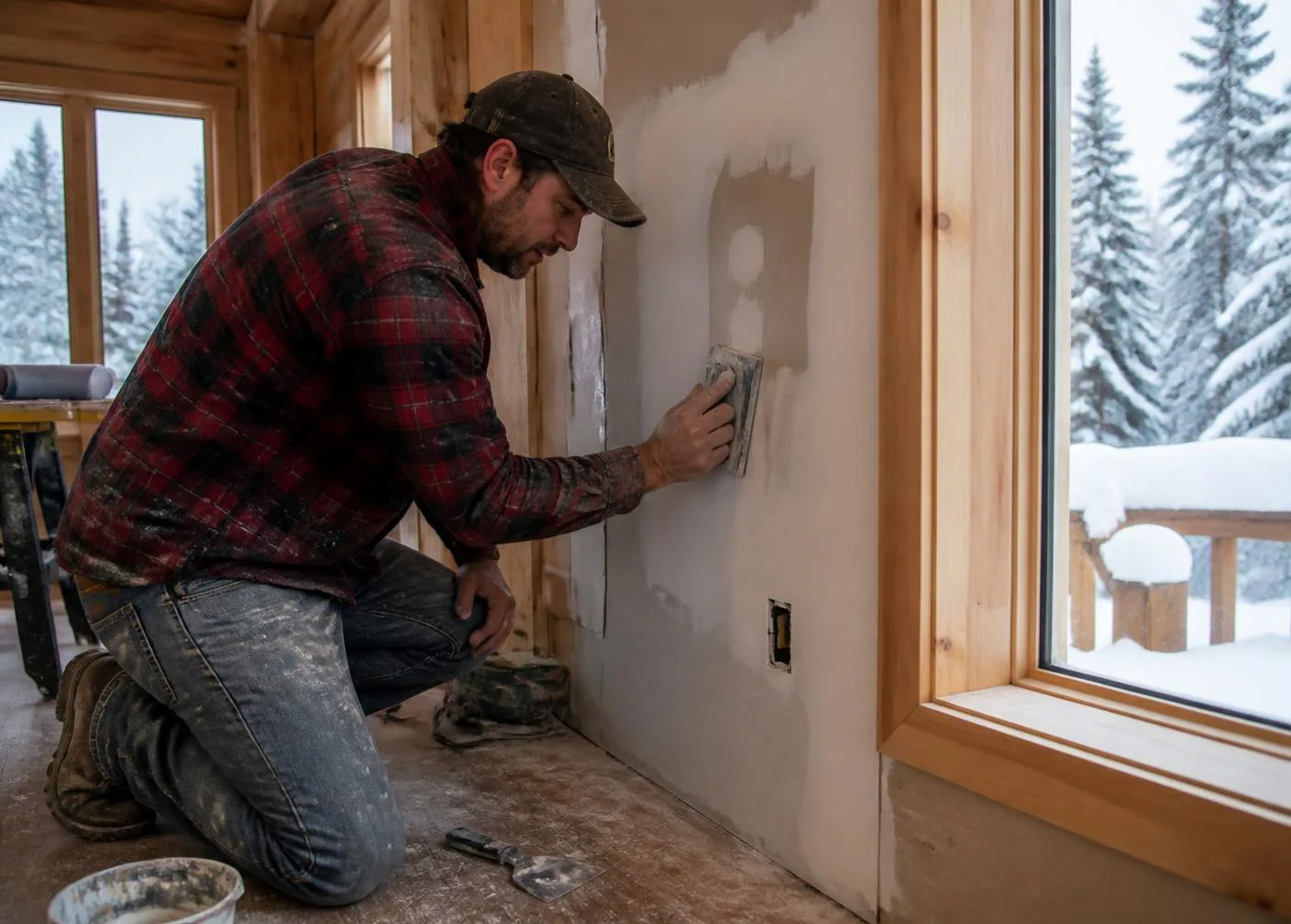 Handyman repairing interior trim inside an Alaskan home