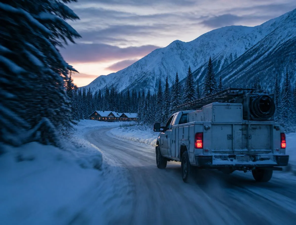Winter weather sealing work on an Alaskan cabin